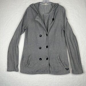 Vintage Roxy Hooded Button Up Jacket Nautical Retro Black Gray Stripe Women's XL